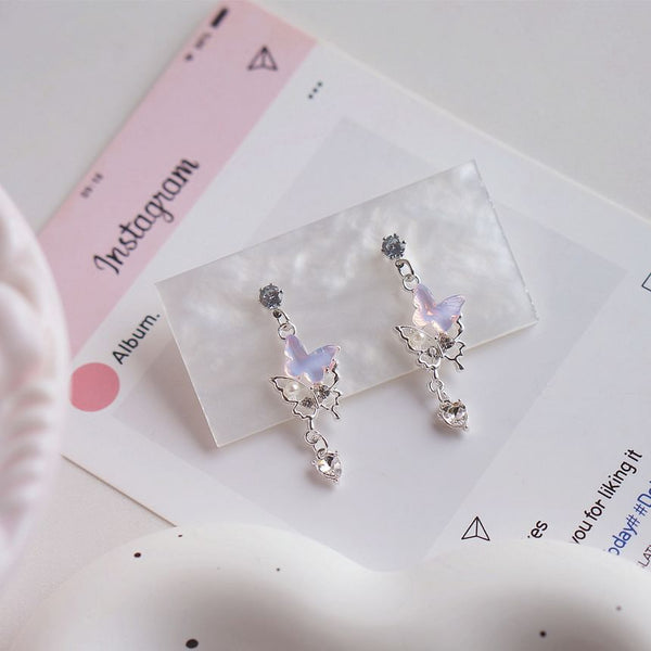 Clip-On Butterfly / Rhinestone Drop Pearl Earring Faux FashionChic