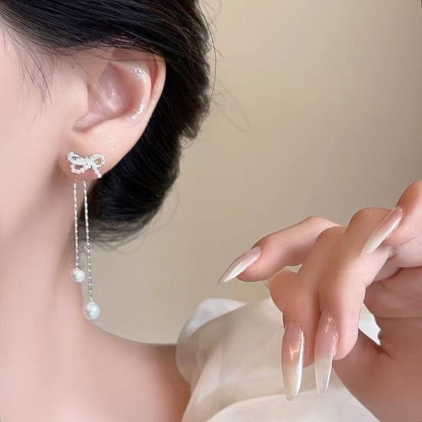 Pearl Bowknot Faux Earring Dangle Rhinestone FashionChic