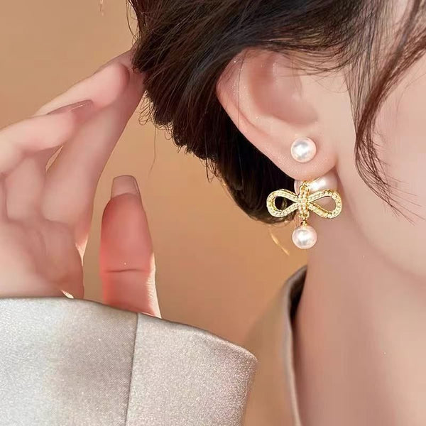 Pearl Bow Drop Alloy Earring Faux FashionChic