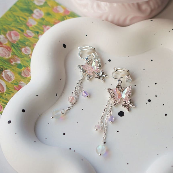 Butterfly Earring / Clip-On Bead Sterling 925 Silver Drop FashionChic