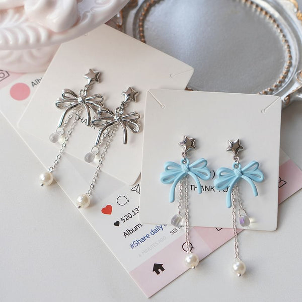 Silver Drop Sterling / Faux Pearl Clip-On 925 Bow Earring FashionChic