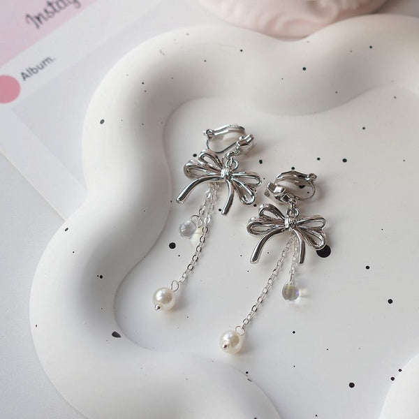 Silver Drop Sterling / Faux Pearl Clip-On 925 Bow Earring FashionChic