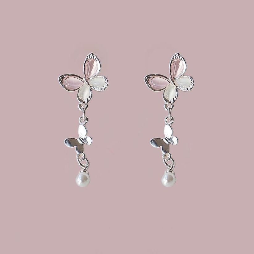 Drop Faux Sterling / Pearl Earring 925 Silver Butterfly Clip-On FashionChic
