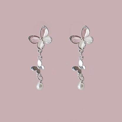 Drop Faux Sterling / Pearl Earring 925 Silver Butterfly Clip-On FashionChic