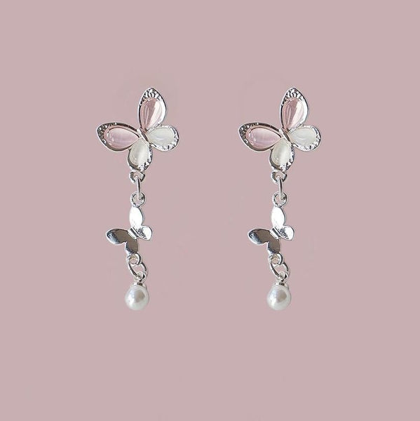 Drop Faux Sterling / Pearl Earring 925 Silver Butterfly Clip-On FashionChic