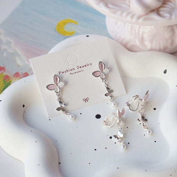 Drop Faux Sterling / Pearl Earring 925 Silver Butterfly Clip-On FashionChic