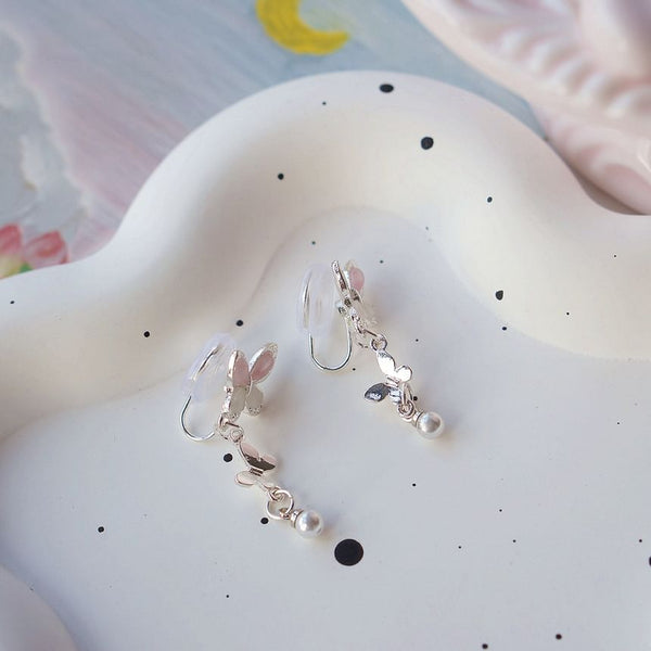 Drop Faux Sterling / Pearl Earring 925 Silver Butterfly Clip-On FashionChic