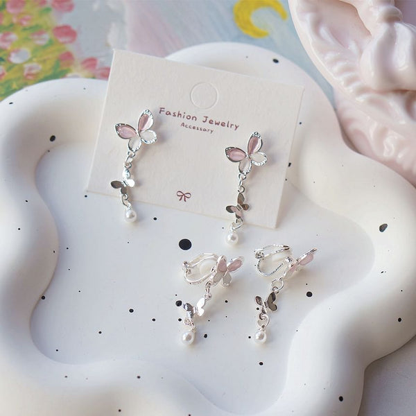 Drop Faux Sterling / Pearl Earring 925 Silver Butterfly Clip-On FashionChic