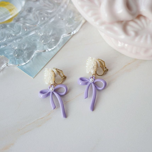 Silver Earring Drop Clip-On 925 / Flower Bow Sterling FashionChic