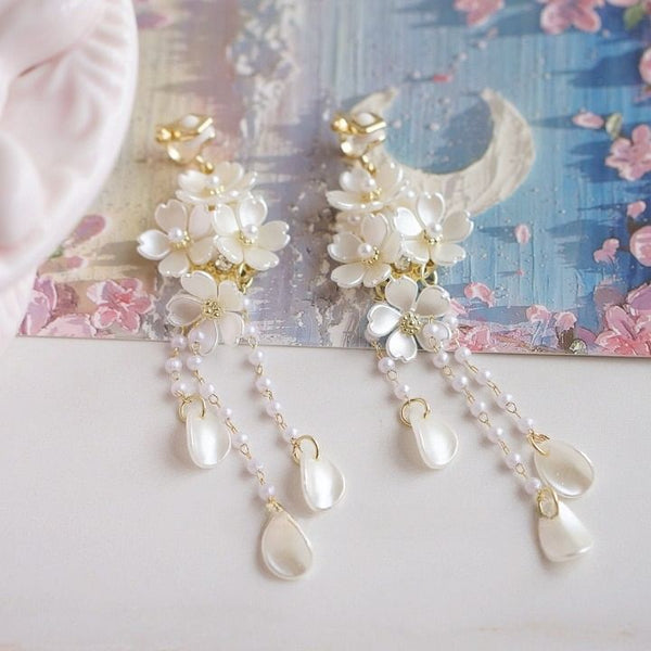 Clip-On / Earring Sterling 925 Flower Drop Silver Pearl Faux FashionChic