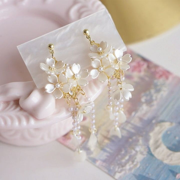 Clip-On / Earring Sterling 925 Flower Drop Silver Pearl Faux FashionChic