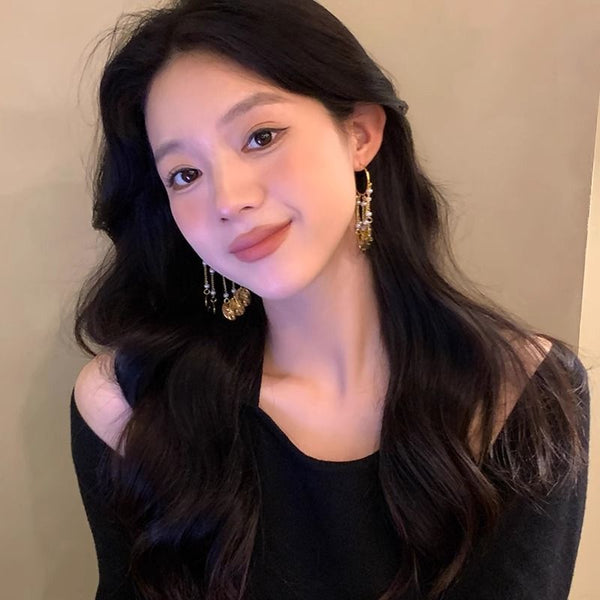 Faux Textured Earring Pearl Alloy Disc Chandelier FashionChic