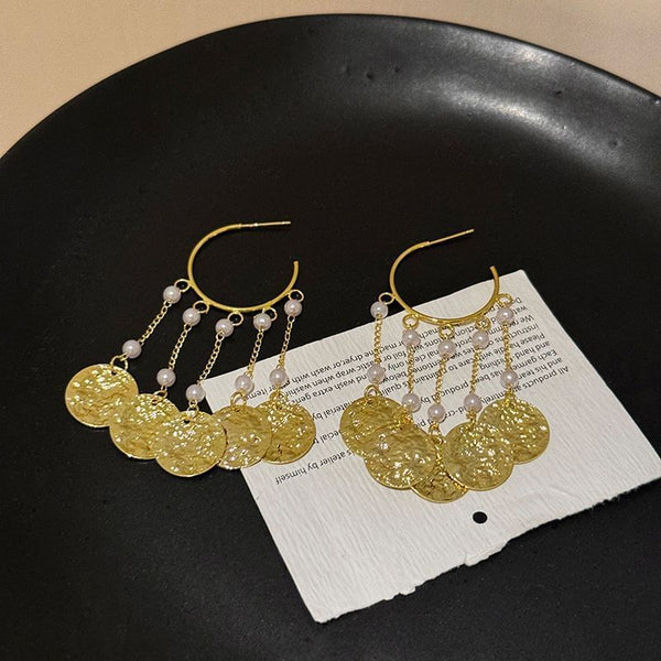 Faux Textured Earring Pearl Alloy Disc Chandelier FashionChic