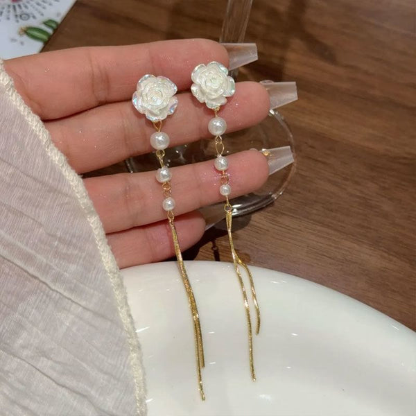 Pearl Floral Earring Alloy Threader Faux FashionChic