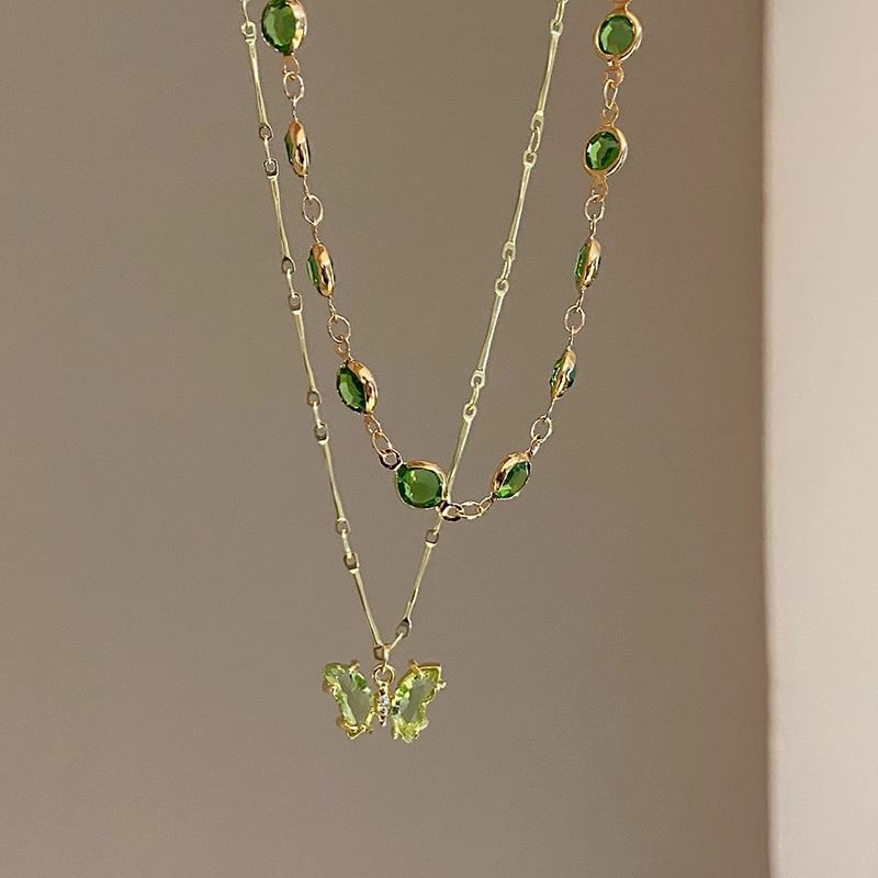 Station Necklace Layered Rhinestone Butterfly FashionChic