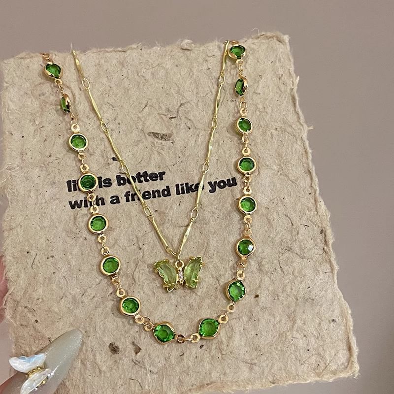 Station Necklace Layered Rhinestone Butterfly FashionChic