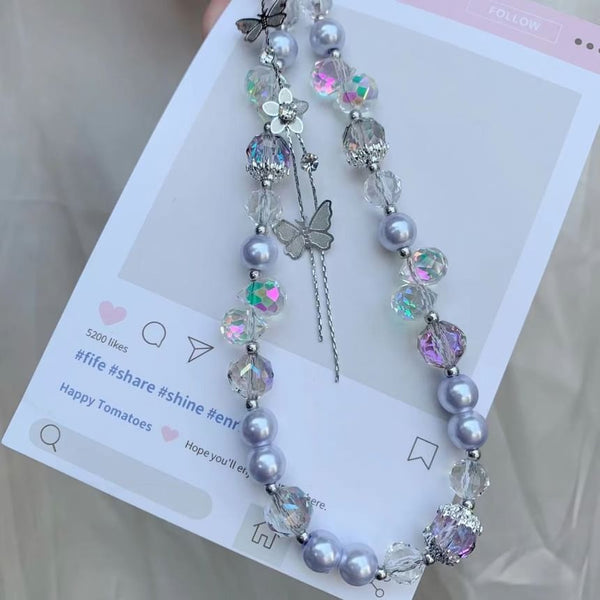 Pad Phone with Strap Faux Pearl Butterfly Wrist Lanyard FashionChic