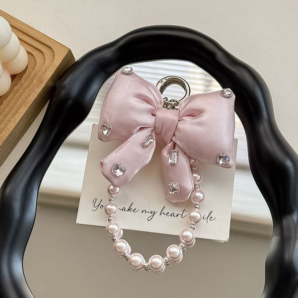 Pearl Bow Lanyard Pad with Faux Rhinestone Charm Phone FashionChic
