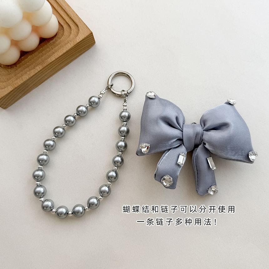 Pearl Bow Lanyard Pad with Faux Rhinestone Charm Phone FashionChic