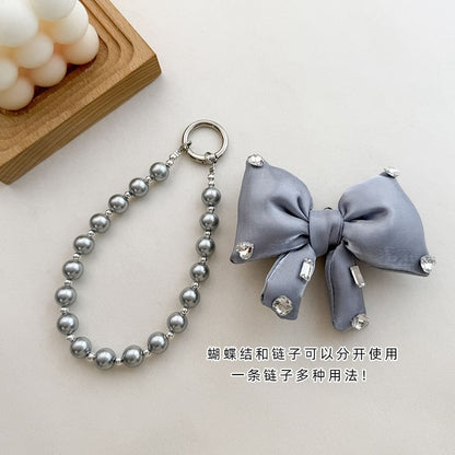 Pearl Bow Lanyard Pad with Faux Rhinestone Charm Phone FashionChic