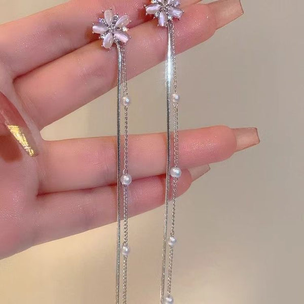 Faux Alloy Floral Gemstone Pearl Threader Earring FashionChic