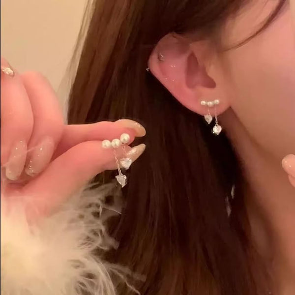 Heart Rhinestone Alloy Pearl Dangle Earring Faux FashionChic