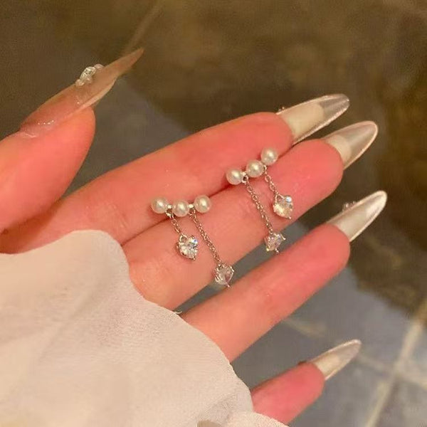 Heart Rhinestone Alloy Pearl Dangle Earring Faux FashionChic