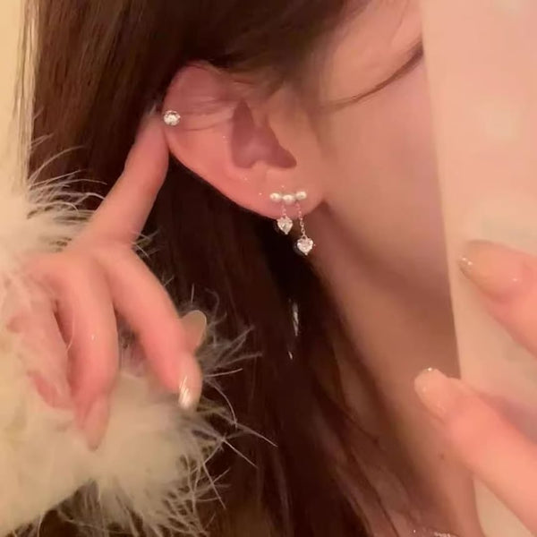 Heart Rhinestone Alloy Pearl Dangle Earring Faux FashionChic