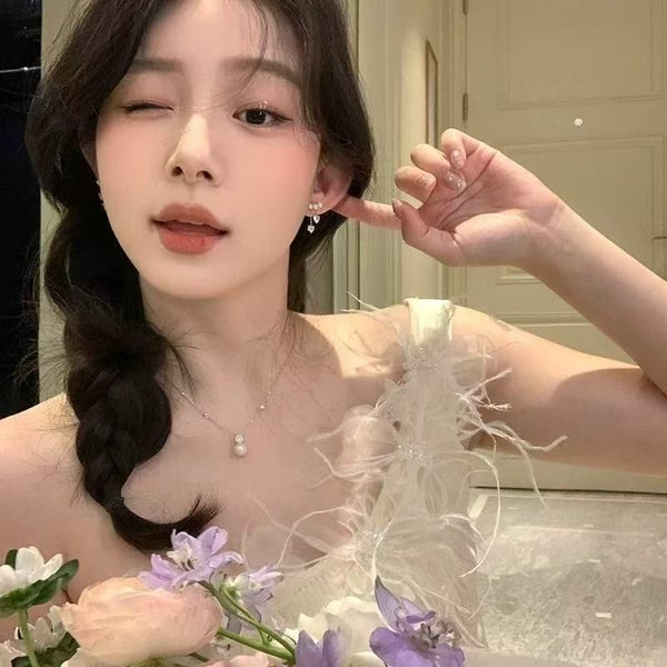 Heart Rhinestone Alloy Pearl Dangle Earring Faux FashionChic