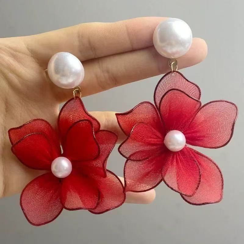 Statement Earring Pearl Alloy Mesh Faux Floral FashionChic
