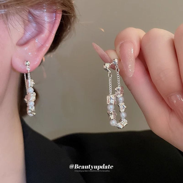 Dangle Faux Pearl Chain Hoop Earring Alloy FashionChic