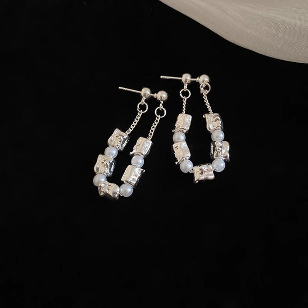 Dangle Faux Pearl Chain Hoop Earring Alloy FashionChic