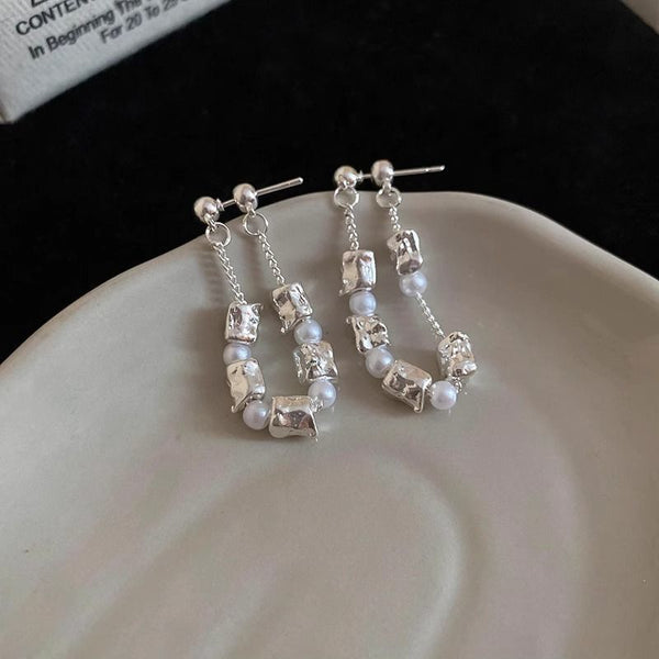 Dangle Faux Pearl Chain Hoop Earring Alloy FashionChic