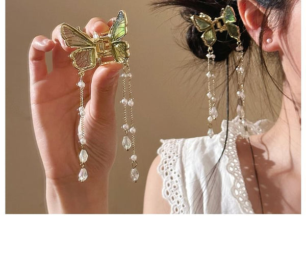 Pearl Butterfly Faux Hair Claw Fringed FashionChic