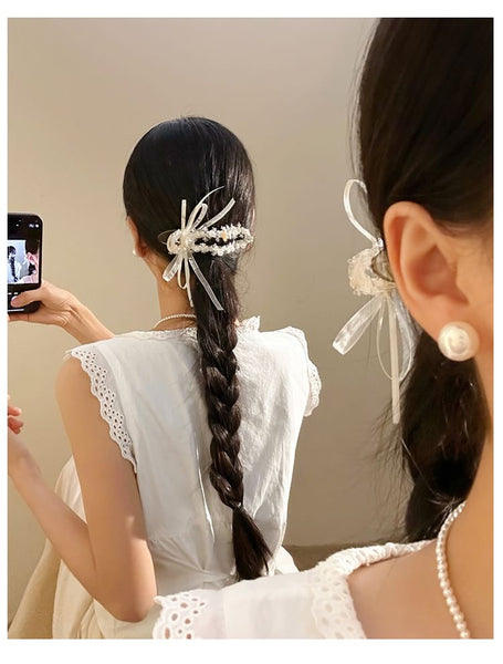 Clip Bow Pearl Hair Faux FashionChic