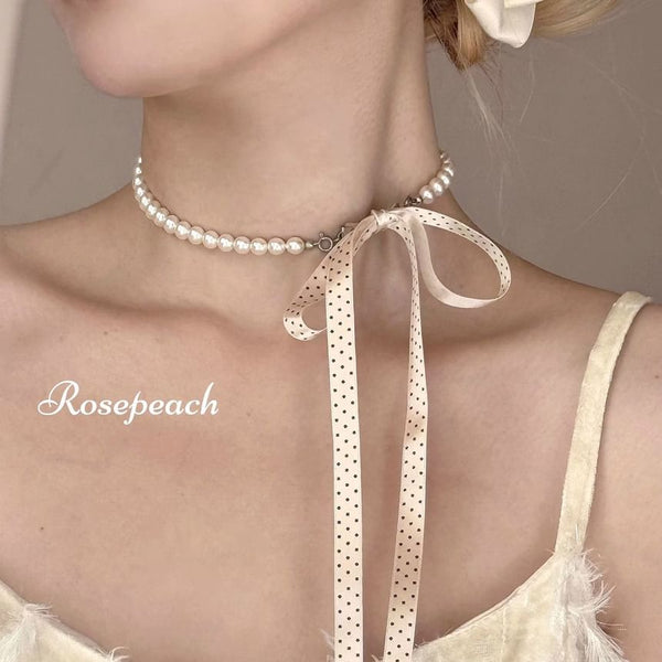 Dotted Necklace Beaded Ribbon FashionChic