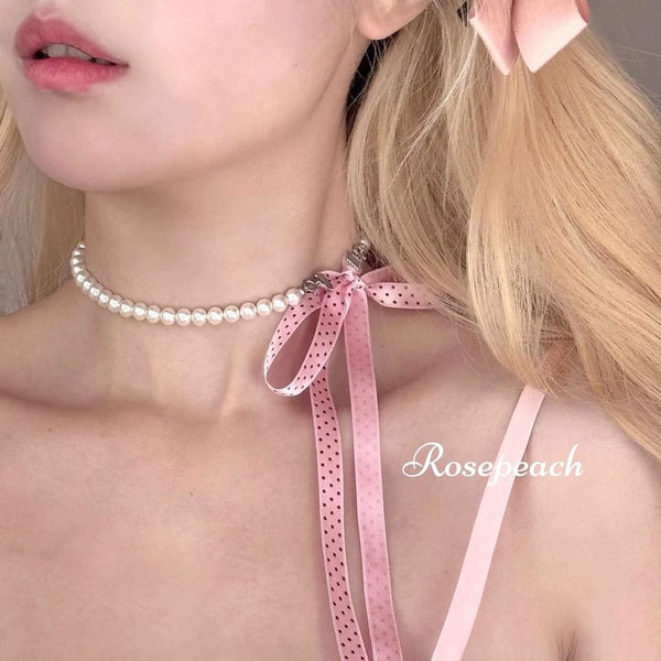 Dotted Necklace Beaded Ribbon FashionChic