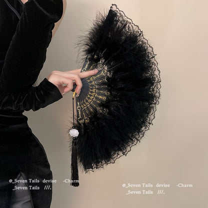 Hand Tassel Feather Lace Foldable Fan FashionChic