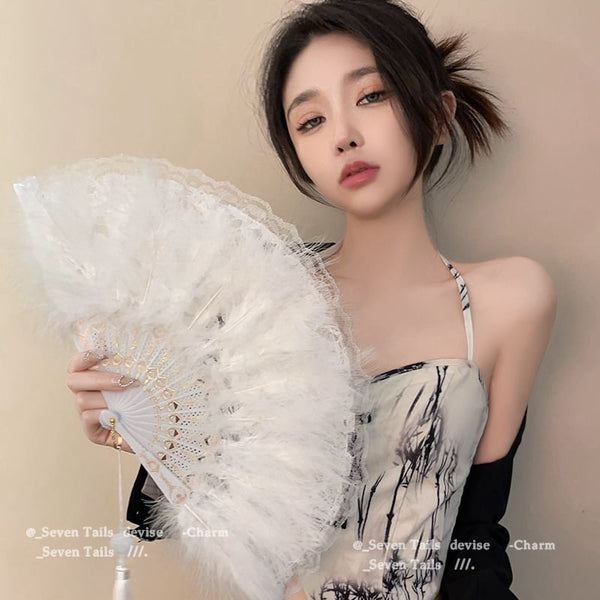 Hand Tassel Feather Lace Foldable Fan FashionChic