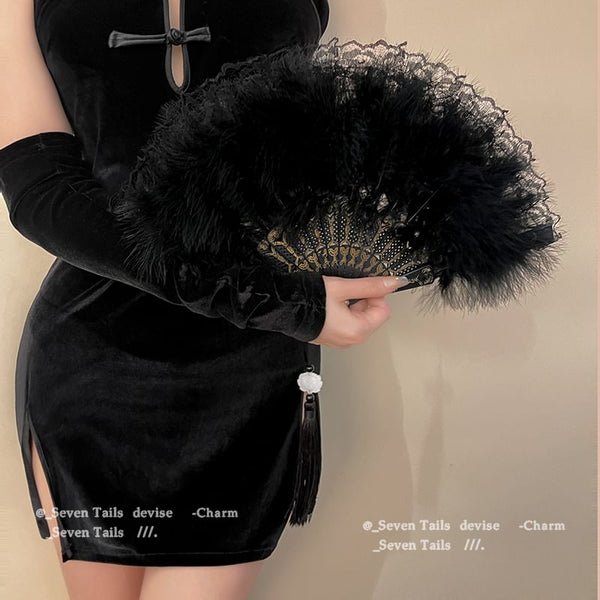 Hand Tassel Feather Lace Foldable Fan FashionChic
