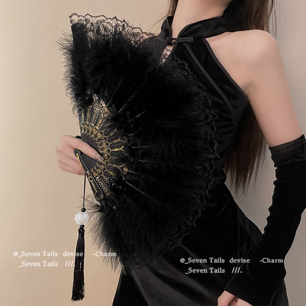 Hand Tassel Feather Lace Foldable Fan FashionChic