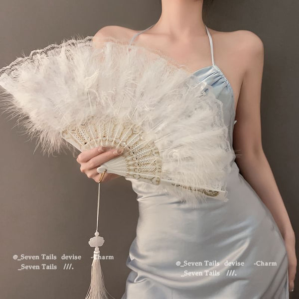 Hand Tassel Feather Lace Foldable Fan FashionChic