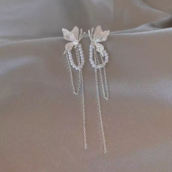 Faux Pearl Drop Fringed Butterfly Earring FashionChic
