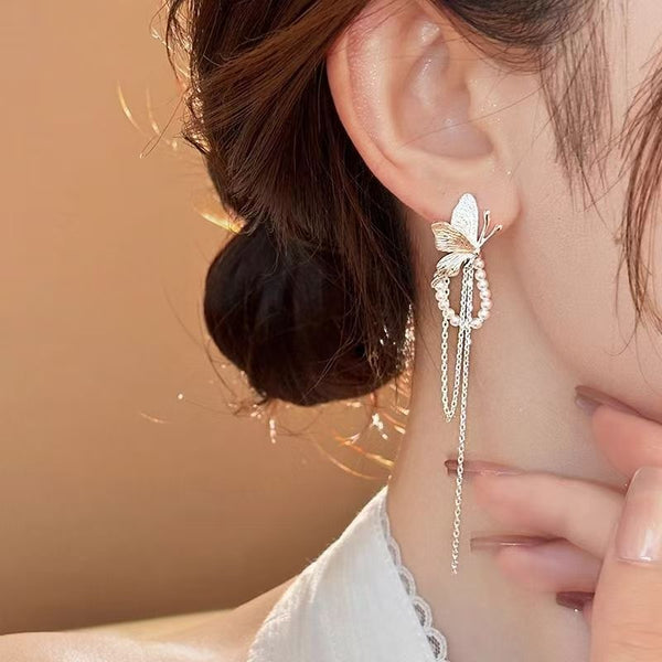 Faux Pearl Drop Fringed Butterfly Earring FashionChic