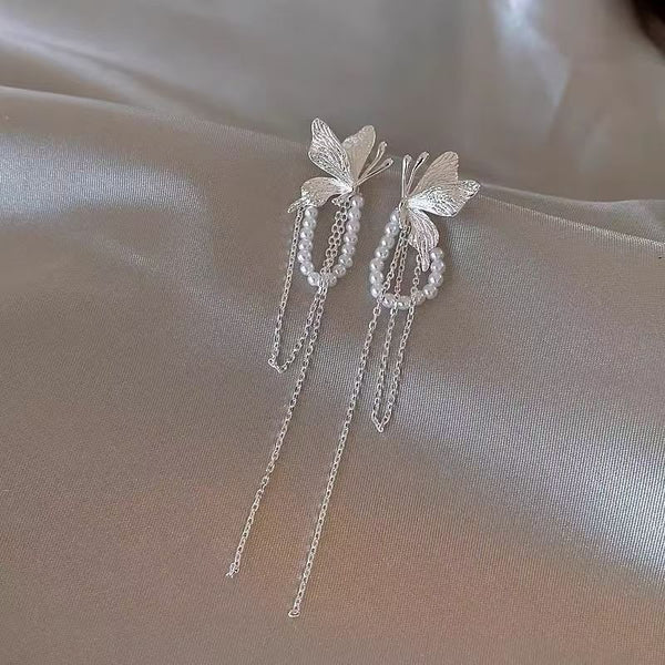 Faux Pearl Drop Fringed Butterfly Earring FashionChic