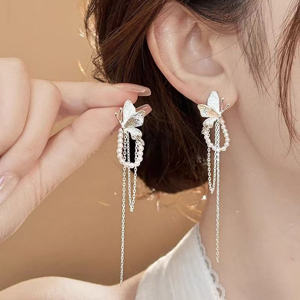 Faux Pearl Drop Fringed Butterfly Earring FashionChic