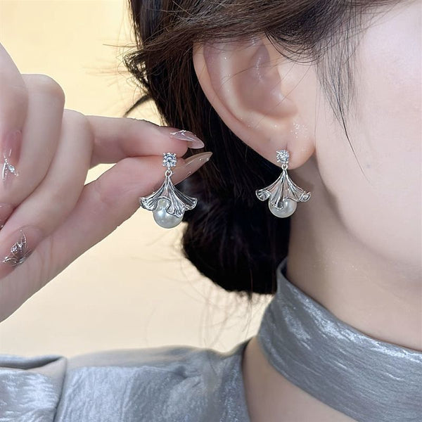 Faux Rhinestone Pearl Drop Ginkgo Earring FashionChic