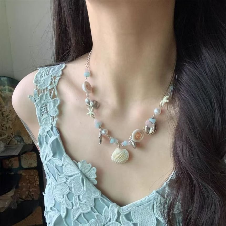 Faux Pearl Necklace Starfish Shell FashionChic