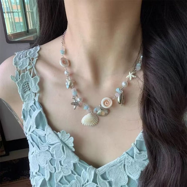 Faux Pearl Necklace Starfish Shell FashionChic