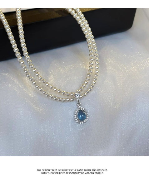 Faux Layered Necklace Gemstone Pendant Pearl FashionChic